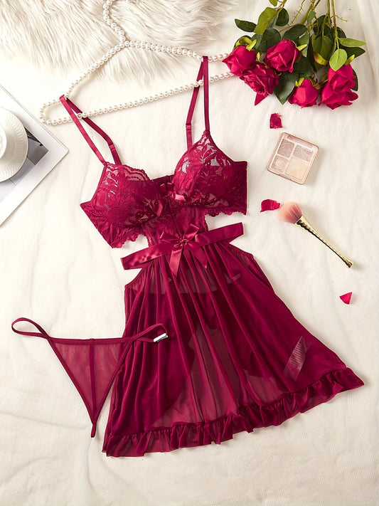 Elegant Semi-Sheer Lace Trim Sleepwear – Batwing Sleeve & Nipped Waist Desig